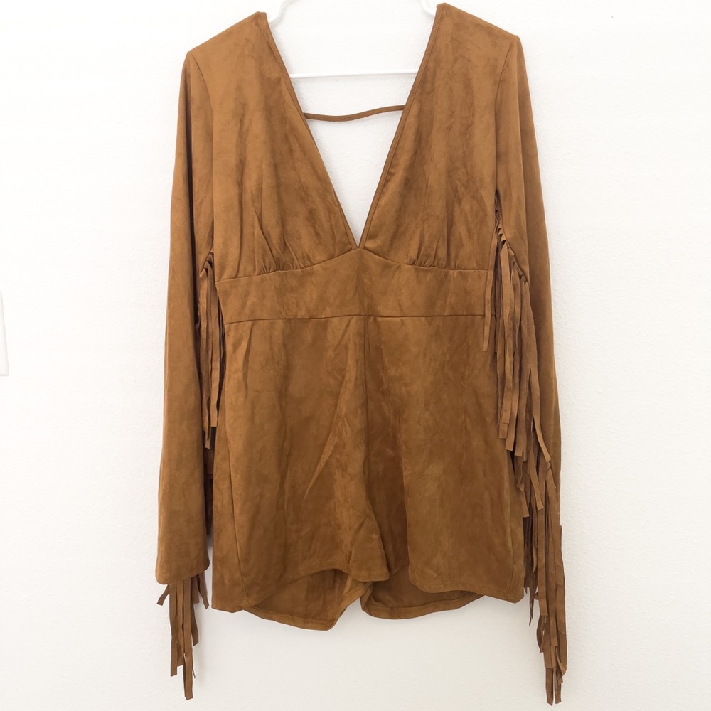 Camel Suede Fringe Sleeve Romper/Bodysuit